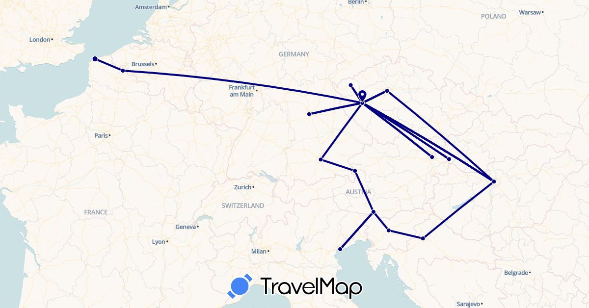 TravelMap itinerary: driving in Austria, Czech Republic, Germany, France, Croatia, Hungary, Italy, Slovenia, Slovakia (Europe)